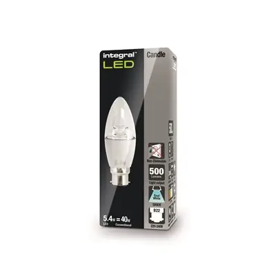 Integral LED ILCANDB22NF023 | 5.4W 5000K 500lm B22 Non-Dimmable Clear Candle Lamp (Light Bulb), Daylight White