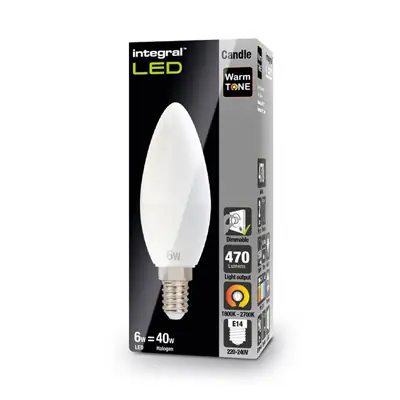 26325-2 Integral LED ILCANDE14DC056 | 6W 1800-2700K 470lm E14 Dimmable Frosted Candle Lamp (Light Bulb), Warm White