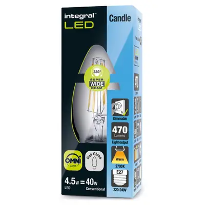 26316-2 Integral LED ILCANDE27DC042 | 4.5w 2700k 470lm E27 LED Dimmable Filament Candle Lamp (Light Bulb), Warm White