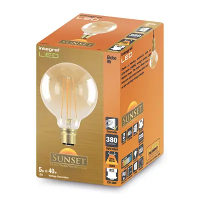 26353-2 Integral LED ILGLOBB22D010 | 5W 1800K 380lm B22 Dimmable G95 Sunset Clear Amber Globe Lamp (Light Bulb), Ultra-Warm White