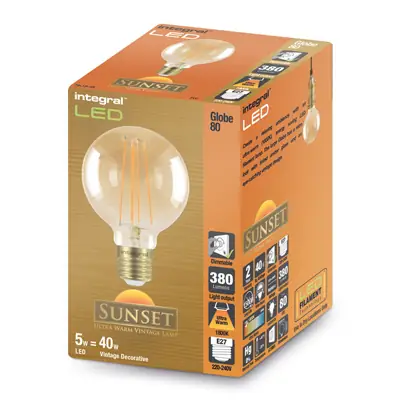 26343-2 Integral LED ILGLOBE27D007 | 5W 1800K 380lm E27 Dimmable G80 Sunset Clear Amber Globe Lamp (Light Bulb), Ultra-Warm White