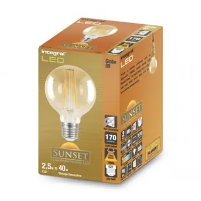 Integral LED ILGLOBE27N003 | 2.5w 1800k 170lm 95mm E27 LED Non-Dimmable Sunset Filament Globe Lamp (Light Bulb), Warm White