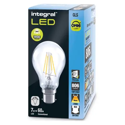 26402-2 Integral LED ILGLSB22DC055 | 7w 2700k 806lm B22 LED Dimmable Glass Omni Filament GLS Lamp (Light Bulb), Warm White