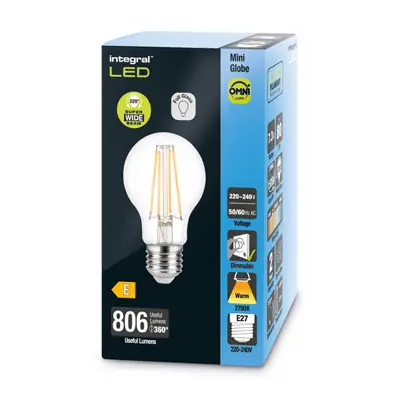 26405-2 Integral LED ILGLSE27DC054 | 7.3W 2700K 806lm E27 Dimmable Glass Omni Filament Golf Ball Lamp (Light Bulb), Warm White