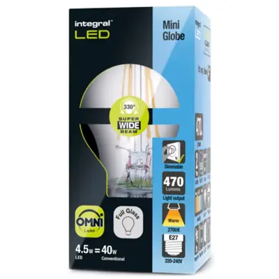 Integral LED ILGOLFE27DC032 | 4.5w 2700k 470lm E27 LED Dimmable Glass Omni Filament Golf Ball Lamp (Light Bulb), Warm White