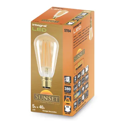 26347-2 Integral LED ILST64B22D004 | 5W 1800K 380lm B22 Dimmable ST64 Sunset Clear Amber Lamp (Light Bulb), Ultra-Warm White