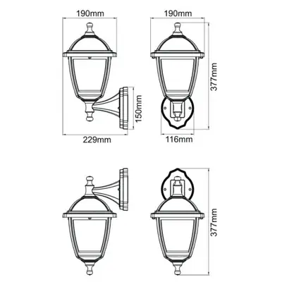 37522-3 KSR KSR1510BLK | Bastia 46W E27 IP44 4 Sided Lantern, Black