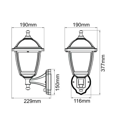 37525-2 KSR KSR1513BLK | Bastia 8W 419lm 3000K IP44 LED 4 Sided Lantern with PIR, Black