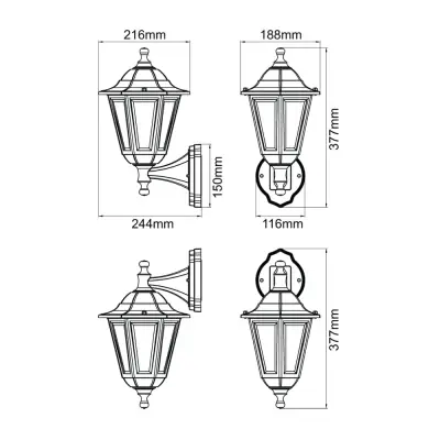 37526-3 KSR KSR1514BLK | Bastia 46W E27 IP44 6 Sided Lantern, Black