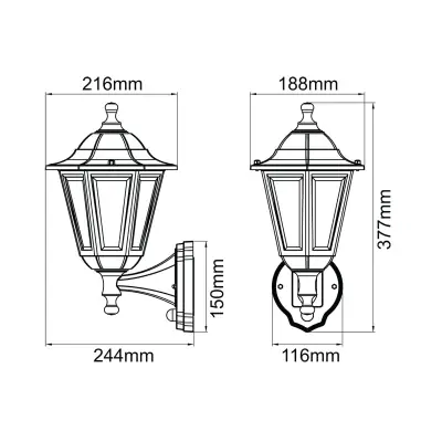 37527-2 KSR KSR1515BLK | Bastia 46W E27 IP44 6 Sided Lantern with PIR, Black