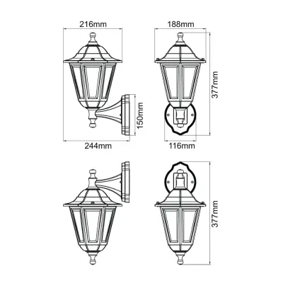 37528-3 KSR KSR1516BLK | Bastia 8W 400lm 3000K IP44 LED 6 Sided Lantern, Black