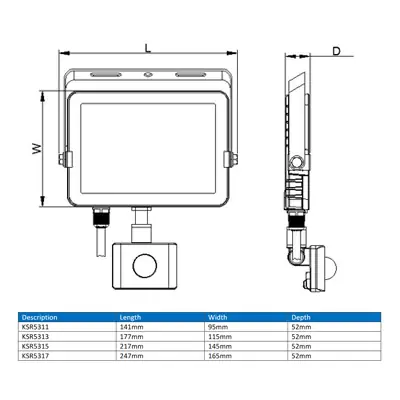37729-2 KSR KSR5311 | Siena CL 10W 4000K 985lm IP65 LED Floodlight with PIR, Black Polycarbonate
