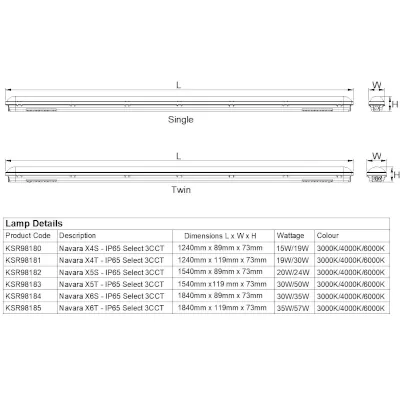 41332-2 KSR KSR98182 | LED Batten Light Navara X5S-IP65 Select Anti Corrosive Multi Wattage & 3CCT 5ft