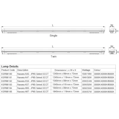 41334-2 KSR KSR98184 | LED Batten Light Navara X6S-IP65 Select Anti Corrosive Multi Wattage & 3CCT 6ft