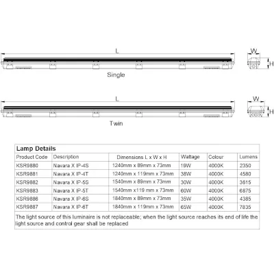 KSR KSR9882/EM | LED Batten Light Navara X5S-IP65 Anti Corrosive 30w 4000K 5ft w/ 3hr Emergency