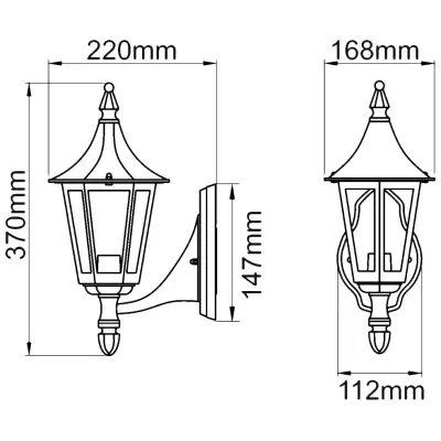 37907-2 KSR KSR9901BLK | Coria 23W E27 IP44 6 Sided Upwards Wall Lantern, Black