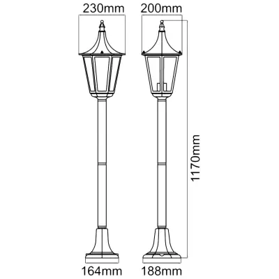 38092-2 KSR KSR9964BLK | Coria Grande 1m 23W E27 IP44 6 Sided Mini Lamp Post Lantern, Black