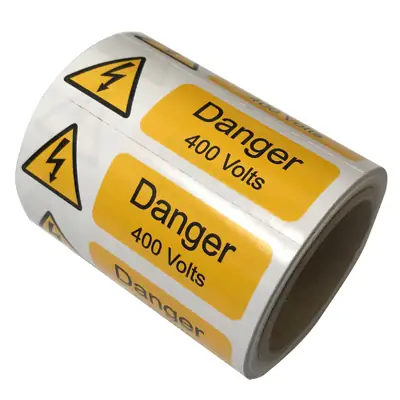 Industrial Signs IS28100R | Self Adhesive Danger 400 Volts Vinyl Label 75x25mm Roll of 250