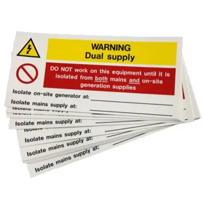 22068-2 Industrial Signs IS8110SA | Self Adhesive Dual Supply Notice Vinyl Labels 130x60mm Pack of 10