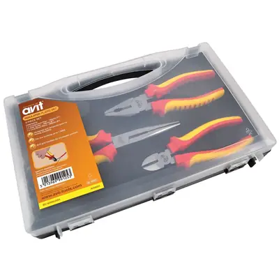 Avit AV06051 | 3 Piece Electricians Insulated VDE Approved Pliers Cutter Set, Combi, Side Cutter, Long Nose