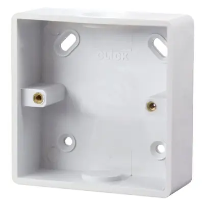 Read more on Click Scolmore CMA240 | Mode 29mm 1 Gang Pattress Box with Conduit Knockout, White