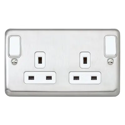 Read more on MK K2947BSS | Albany Plus 13A Double Pole 2 Gang Outboard Switched Plug Socket with White Inserts, Brushed Stainless Steel