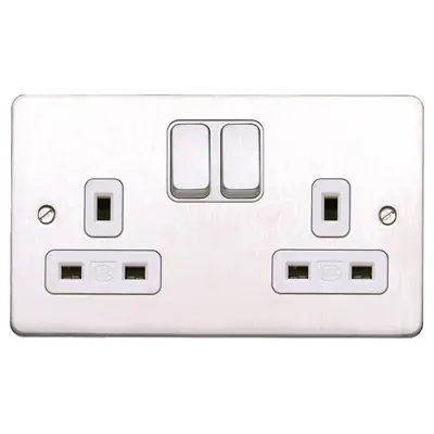 Read more on MK K2948BSS | Albany Plus 13A Double Pole 2 Gang Inboard Switched Plug Socket with White Inserts, Brushed Stainless Steel