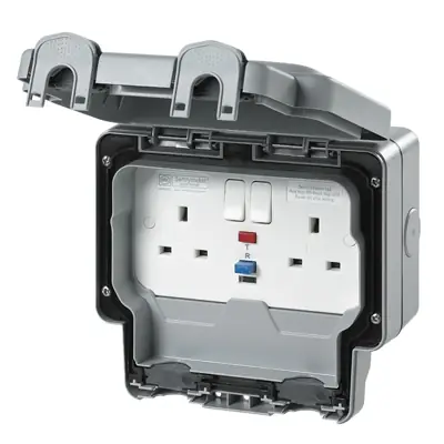 MK K56231GRY | Masterseal Plus 13A 2 Gang Double Pole IP66 Weatherproof Active RCD Switched Socket, Grey