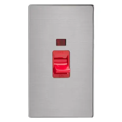 Varilight XDS45NS | 45A 2 Gang Vertical Cooker Switch Twin Plate with Red Switch & Neon, Screwless Brushed Steel