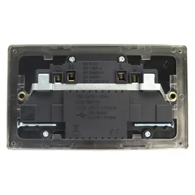 24541-2 Varilight XDS5U2SBS | 13A 2 Gang Single Pole Switched Socket with Black Inserts, Metal Rockers & 2x5V DC 2100mA USB Charging Ports, Screwless Brushed Steel