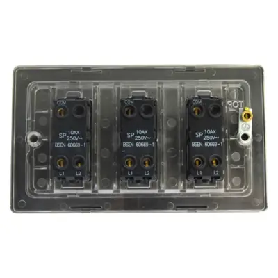 Varilight XDS93S | 10A 3 Gang 2 Way Rocker Light Switch, Screwless Brushed Steel