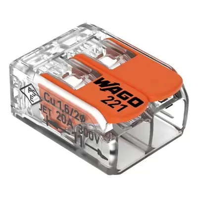 33114-2 Wago 221-612 | 41A 450V 4kV 0.5 - 6mm 2 Way Compact Lever Operated Cable Splicing Connector Terminal Block, Transparent (Pack of 50)
