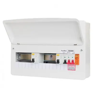FuseBox F2010DX 100A 10 Way Main Switch Incomer Dual RCD 80A Type 2 Surge Protector Consumer Unit